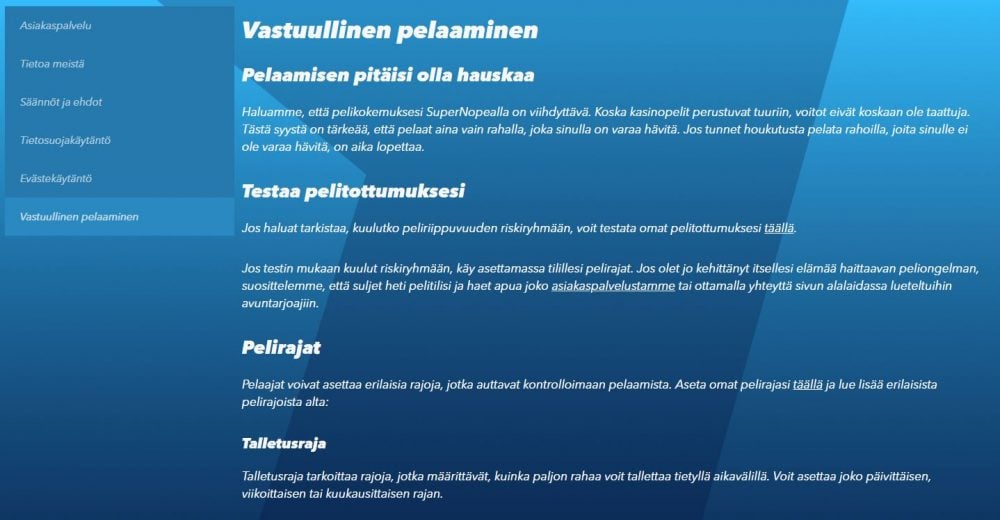 SuperNopea Casino Vastuullinen pelaaminen