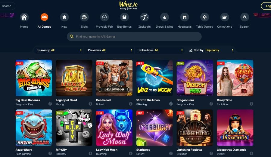 Winz.io Casino kolikkopelit