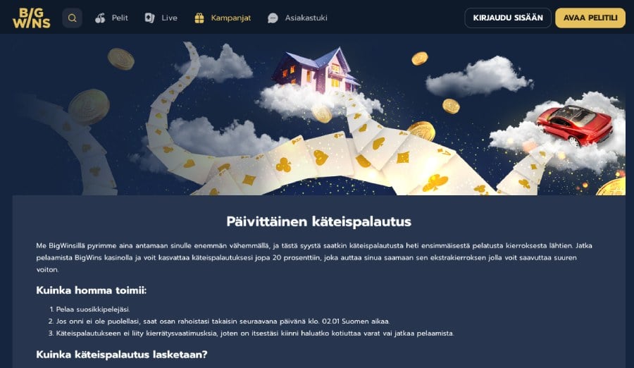 BigWins Casino käteispalautus