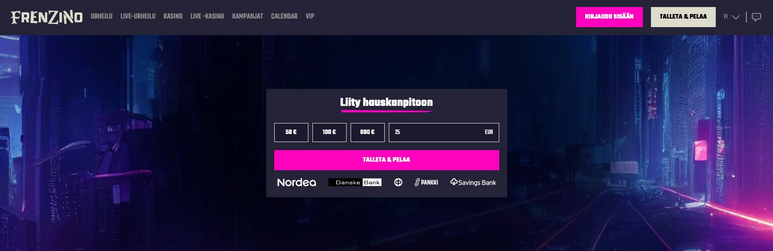 kuvakaappaus frenzino kasinon etusivusta ja talletusnäkymästä